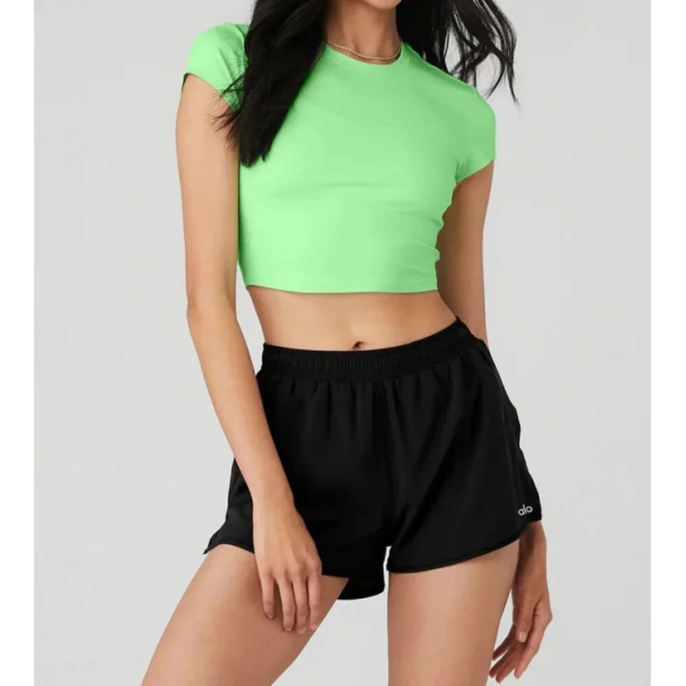 Alo Crop Finesse Short Sleeve Ultramint Neon Bright Stretchy Cropped T-Shirt Top